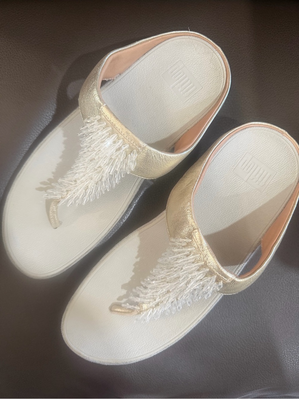 Fitflop Gold Beaded Thong Sandals with White Beading